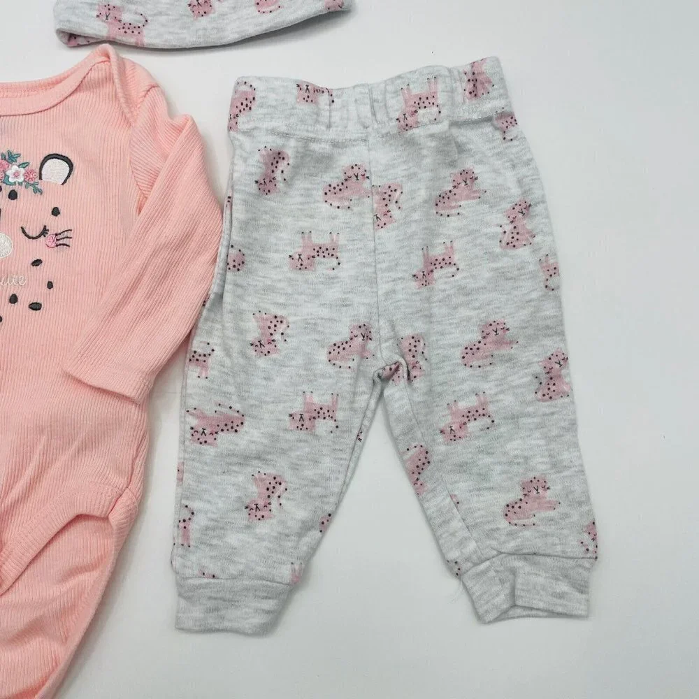Bon Bebe Infant Baby Girls 3-6 Month Wildly Cute Cat Print 3 Piece Set Pink 1818